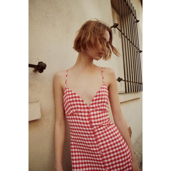 ZARA Strappy Gingham V-Neck Dress - Picture 8 of 16